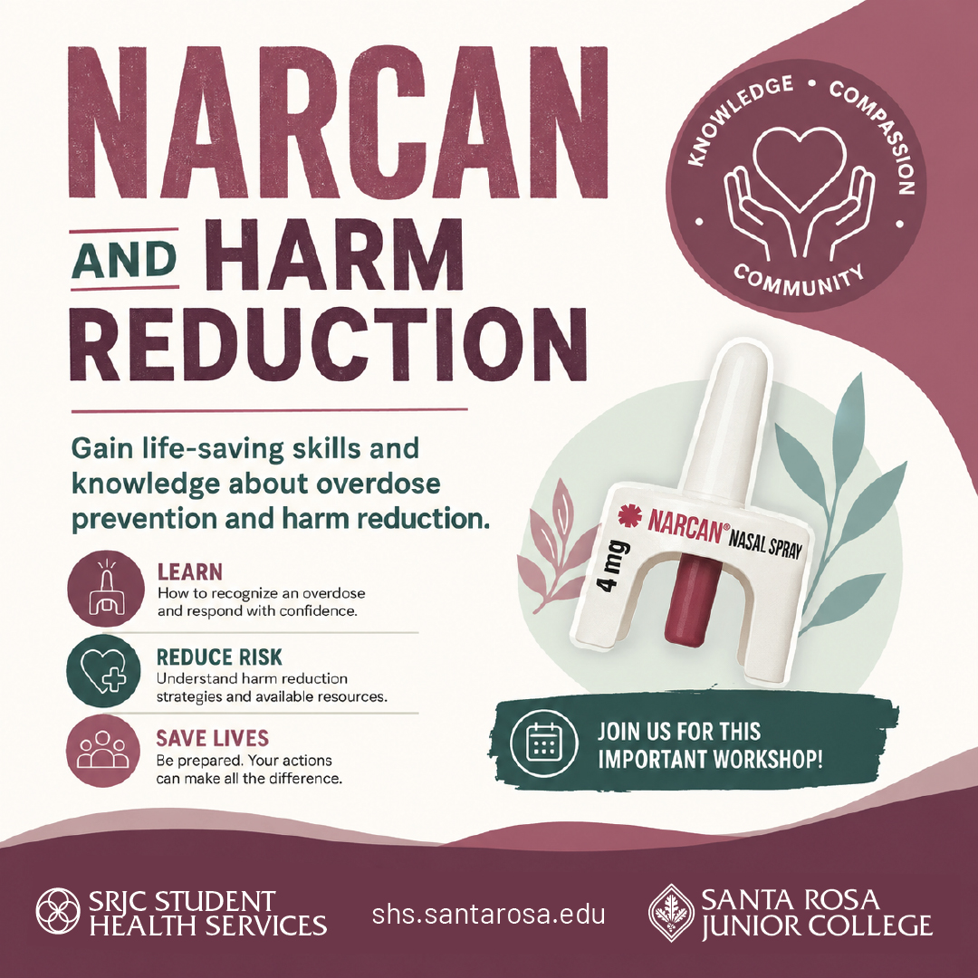 Square flyer for a Narcan and Harm Reduction workshop. Headline: “NARCAN AND HARM REDUCTION.” A circular graphic reads “KNOWLEDGE • COMPASSION • COMMUNITY.” Tagline: “Gain life-saving skills and knowledge about overdose prevention and harm reduction.” Three sections cover recognizing overdoses, reducing risk through harm reduction, and being prepared to save lives.