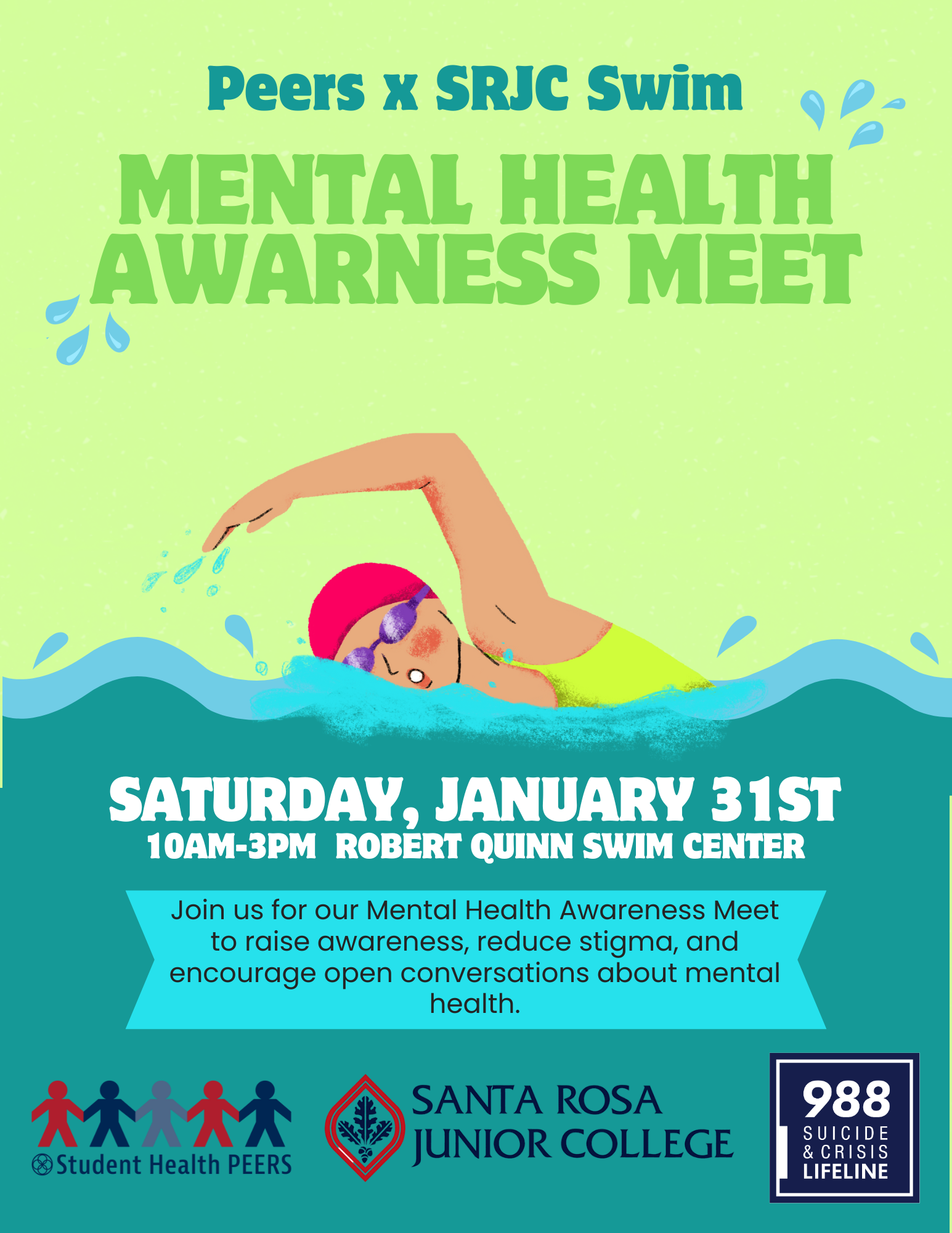 Illustration of a swimmer in a pool promoting the Peers x SRJC Mental Health Awareness Swim Meet with event details.