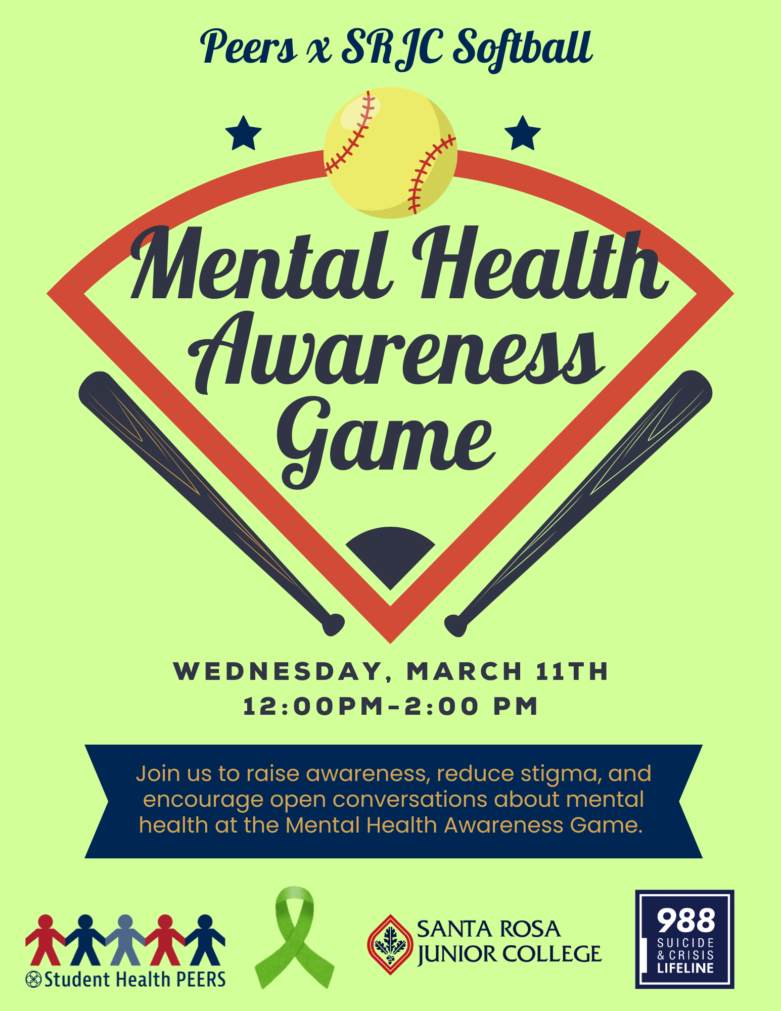 Flyer advertising a “Mental Health Awareness Game” presented by Peers and SRJC Softball. The design features a stylized softball field with a yellow softball at the top and two crossed baseball bats on each side. The main headline reads “Mental Health Awareness Game.” The event is scheduled for Wednesday, March 11th, from 12:00 PM to 2:00 PM. A banner across the lower middle reads, “Join us to raise awareness, reduce stigma, and encourage open conversations about mental health at the Mental Health Awareness Game.” The background is light green with navy blue and orange accents and small star icons near the top. At the bottom are logos for Student Health Peers and Santa Rosa Junior College, a green awareness ribbon, and a 988 Suicide and Crisis Lifeline logo. The overall style is clean, bold, and sports-themed.