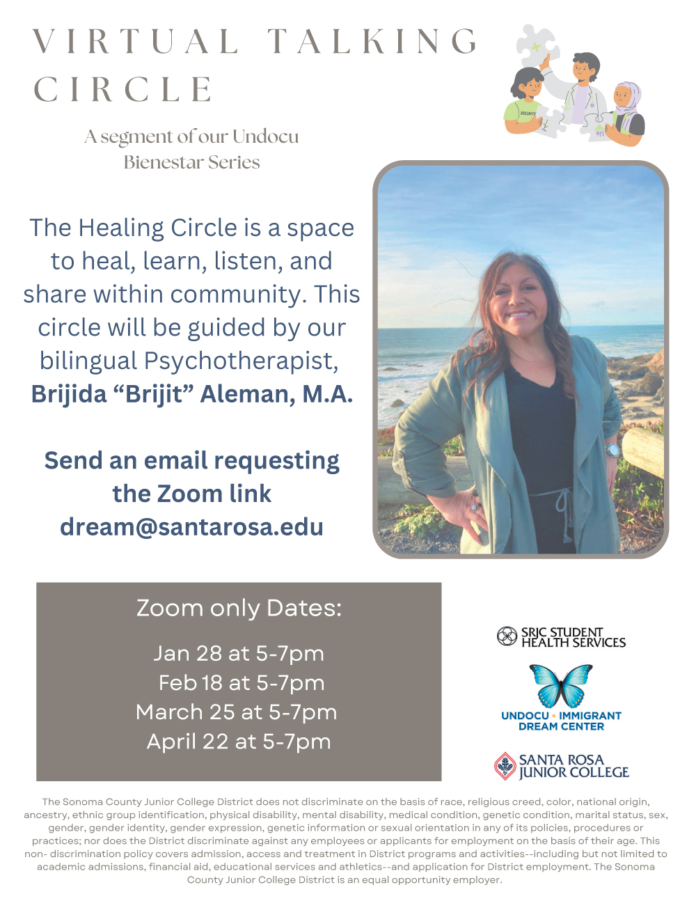 Flyer for a Virtual Talking Circle featuring a photo of bilingual psychotherapist Brijida “Brijit” Aleman, with Zoom dates and event details.