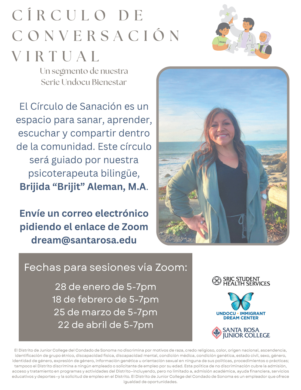 Volante en español del Círculo de Conversación Virtual con la psicoterapeuta bilingüe Brijida “Brijit” Aleman y fechas por Zoom.