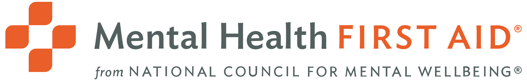 Mental Health First Aid Logo, features orange dots and text that reads: Mental Health First Aid from National Council for Mental Wellbeing