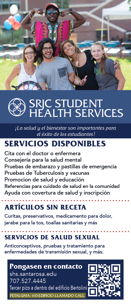 Spanish-language promotional flyer for SRJC Student Health Services. The flyer features a photo of four students and one person standing behind them, followed by information about available health services, including doctor and nurse appointments, mental health counseling, pregnancy tests, emergency contraception, tuberculosis testing and vaccines, health education, community health referrals, and help with health coverage and enrollment.
