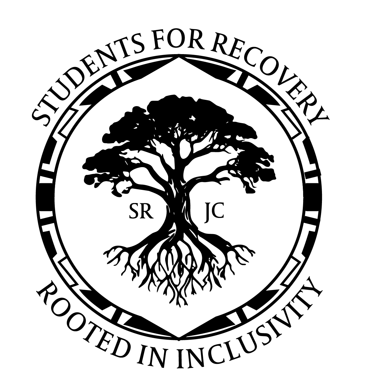 Black-and-white circular logo featuring a large tree with spreading branches and roots. The initials SR and JC appear on either side of the trunk. Text around the logo reads STUDENTS FOR RECOVERY and ROOTED IN INCLUSIVITY.