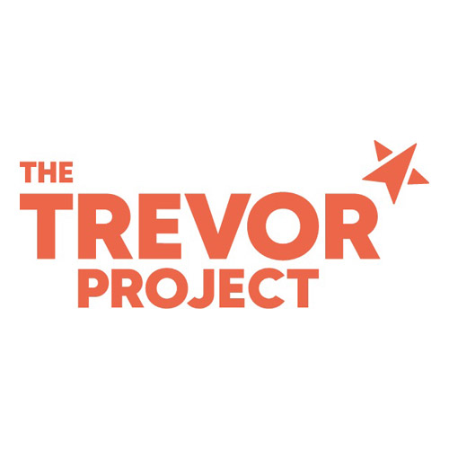 The Trevor Project: Logo featuring the organization name in bold coral-red lettering with a stylized geometric bird symbol above the final letters.