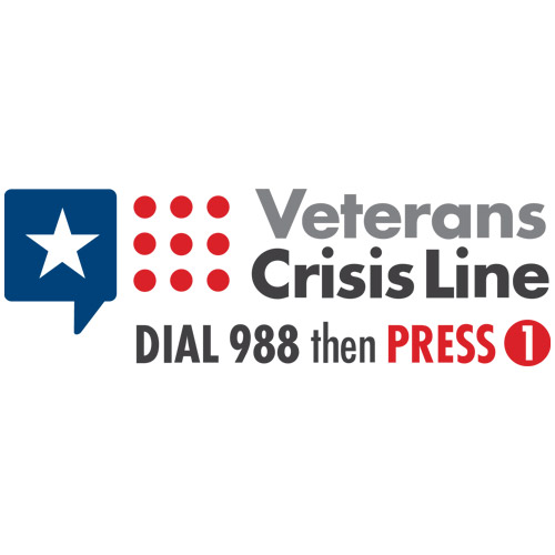 Veterans Crisis Line Logo featuring a blue speech bubble with a white star, red dots, and the words Veterans Crisis Line. Text below reads Dial 988 then Press 1.