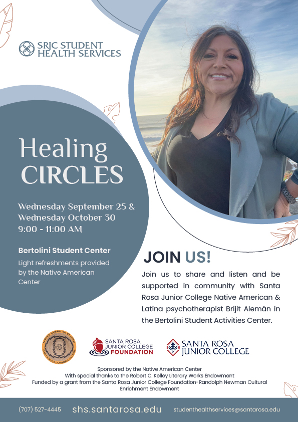 Healing circle flyer featuring an image of the counselor. Notes light refreshments will be provided.