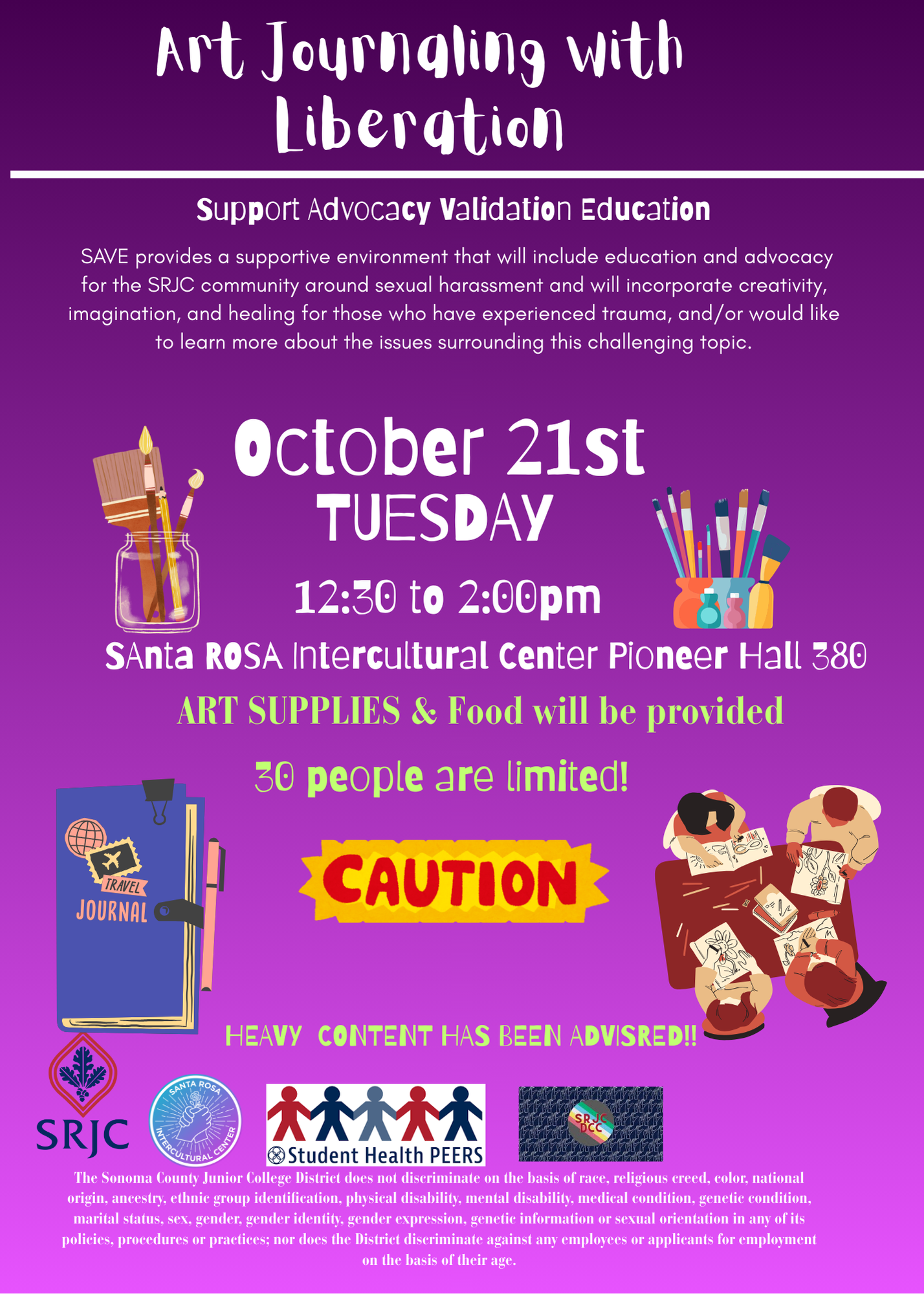 Art Journaling with Liberation event Oct 21, 12:30–2pm at SRJC. Free art supplies, food, limited to 30 people.
