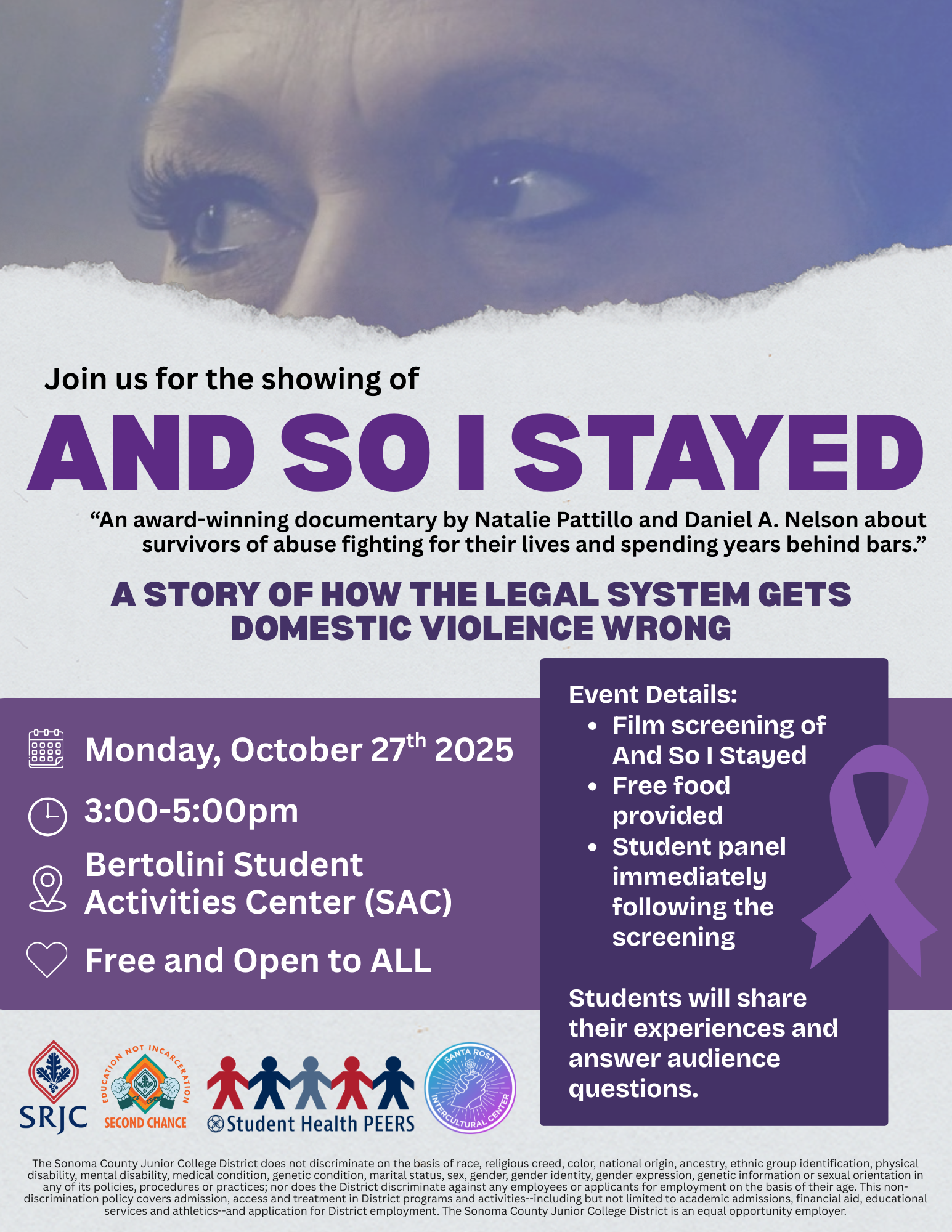 Flyer for And So I Stayed film screening, Oct 27, 2025, 3–5 PM at SRJC SAC. Free, with food and student panel.