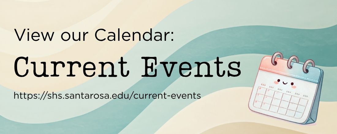 Banner that reads: View our calendar: Current Events, shows URL