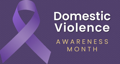 Image with Purple ribbon that reads: Domestic Violence Awareness Month