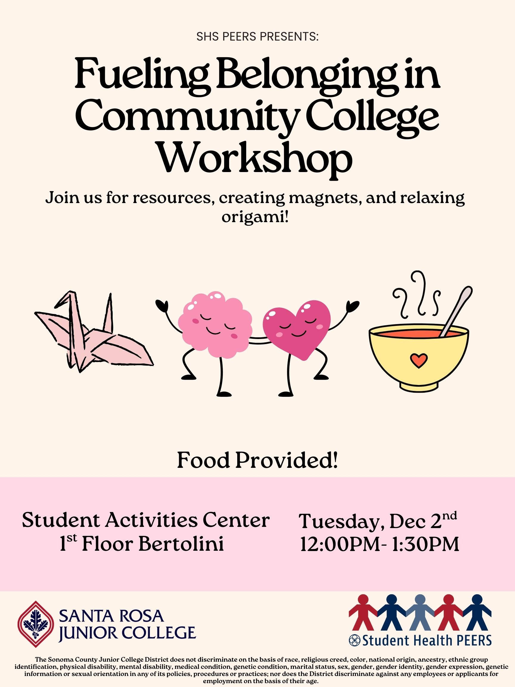 Flyer for a community college belonging workshop with crafts, food, event time and location, and school logos.