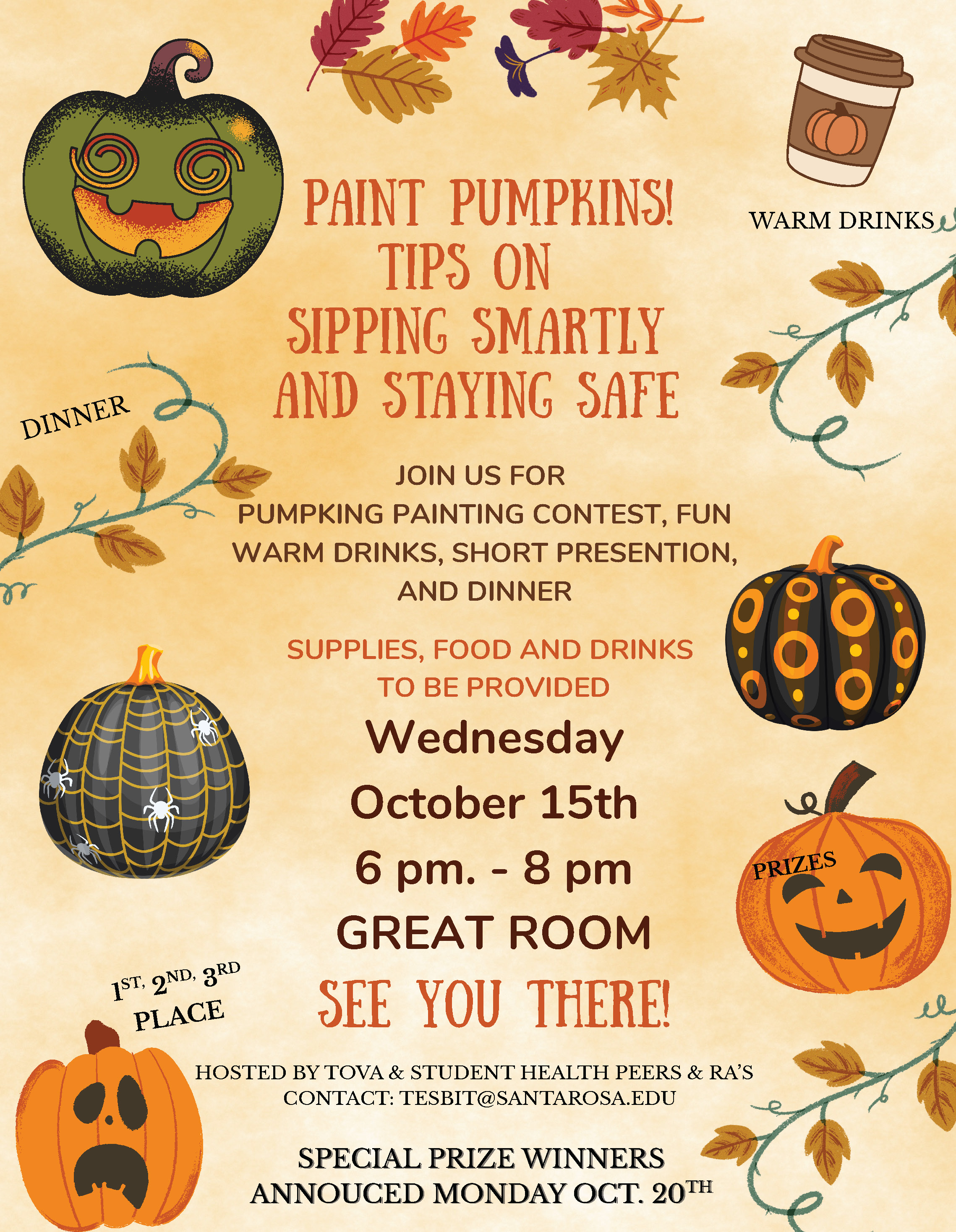Fall-themed flyer for pumpkin painting event with food, drinks, prizes, and safety tips on October 15.”