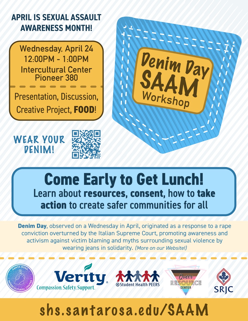 SAAM Workshop flyer featuring a denim pocket with a patch on it that reads Denim Day SAAM Workshop Wednesday, April 24. It notes: Learn about resources, consent, how to take action to create safer communities for all!