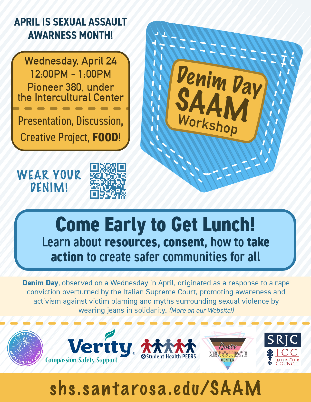 SAAM Workshop flyer featuring a denim pocket with a patch on it that reads Denim Day SAAM Workshop Wednesday, April 24. It notes: Learn about resources, consent, how to take action to create safer communities for all!