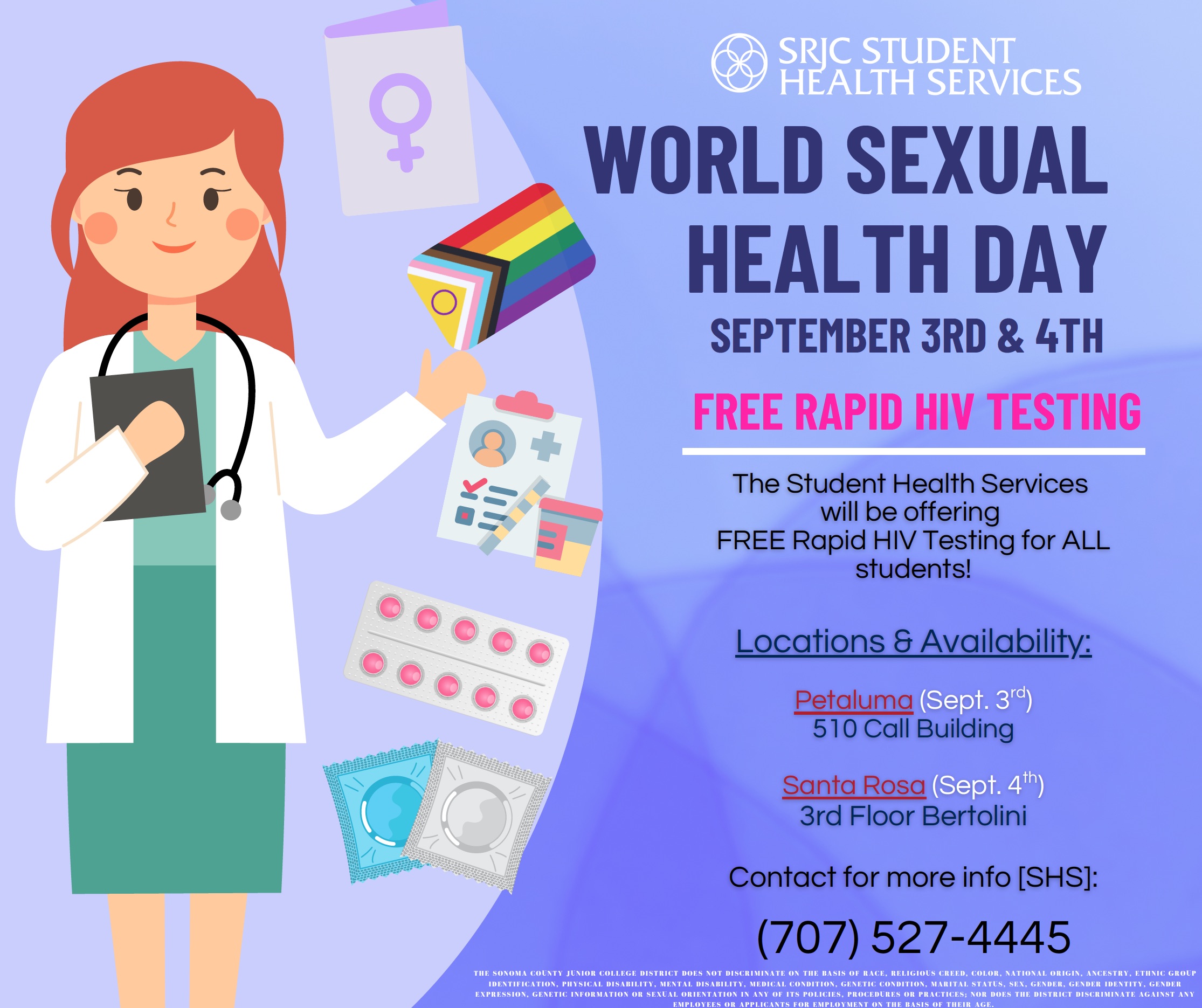 SRJC flyer: Free rapid HIV testing for students, Sept 3 Petaluma, Sept 4 Santa Rosa. Call (707) 527-4445