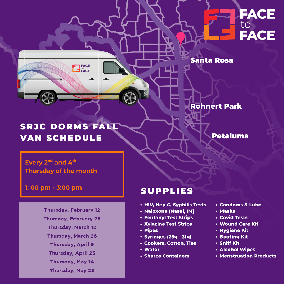 Graphic showing Face to Face’s SRJC Dorms van schedule, with service every second and fourth Thursday from 1:00 to 3:00 p.m. Dates listed from February through May. Includes a map of Sonoma County, a Face to Face van, and a list of free health and harm reduction supplies.